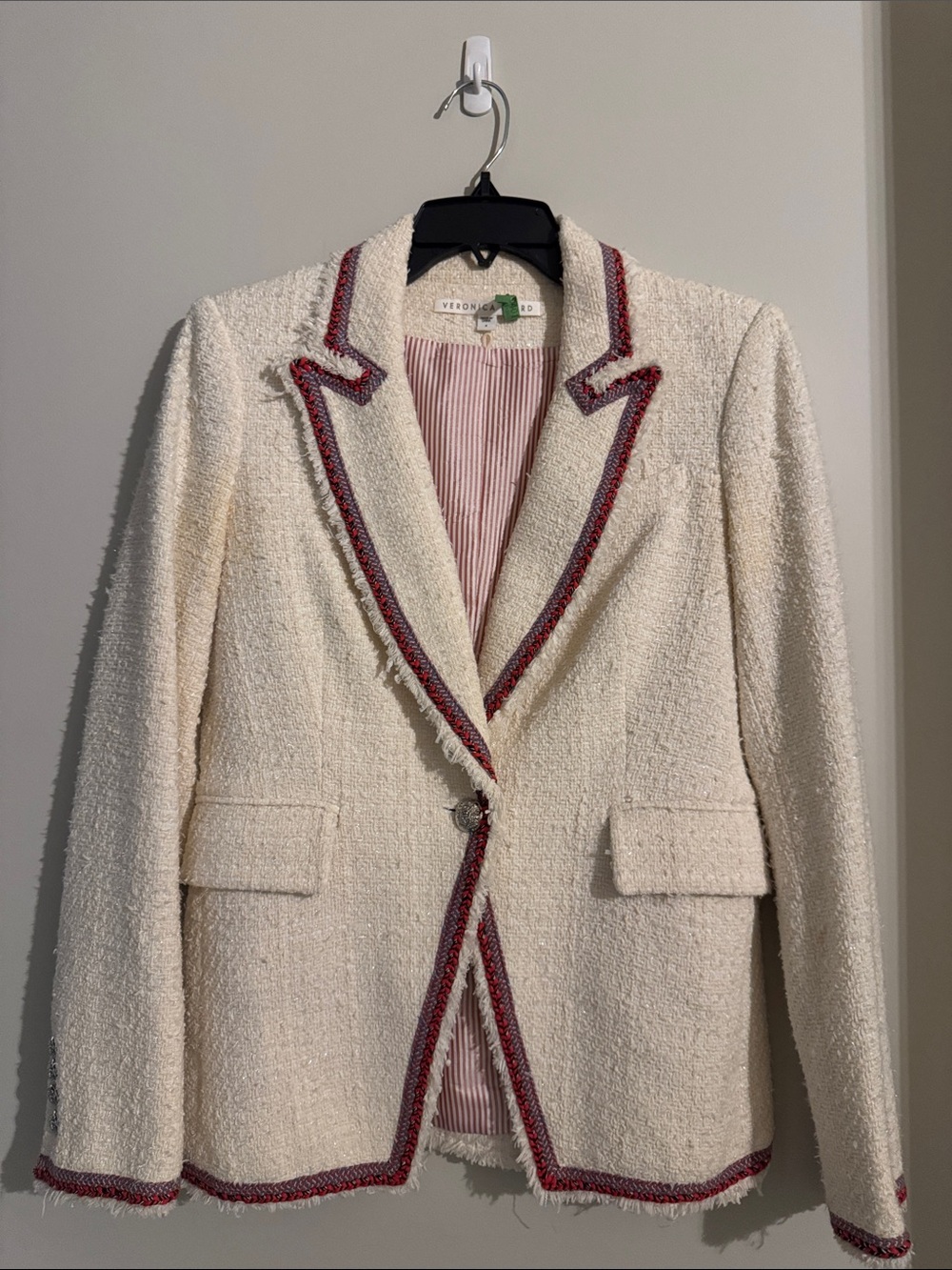 Veronica Beard Cream Bouclé Blazer with Red Trim Accents.
